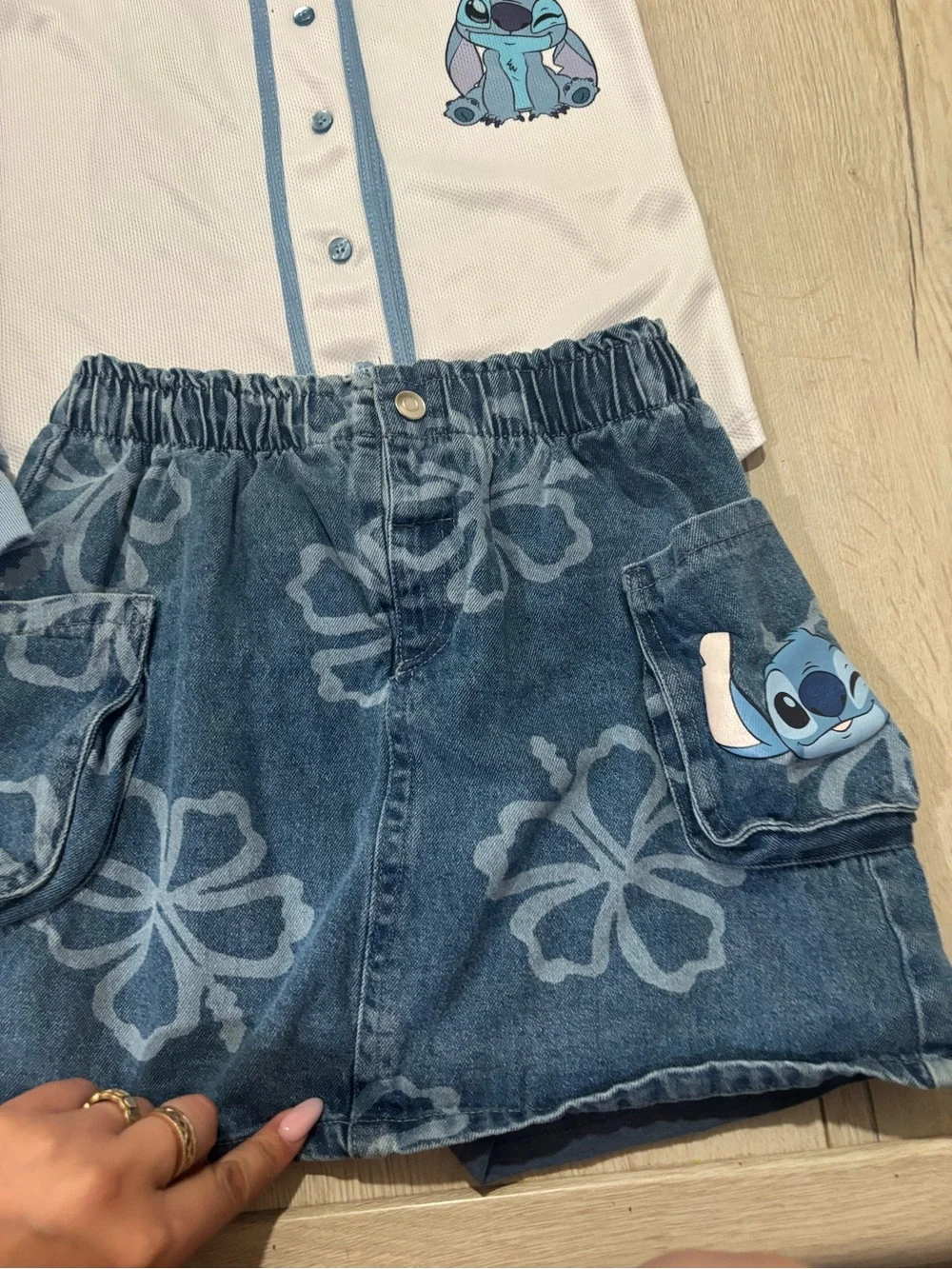 Disney Blue Denim-Look Elastic Waist Shorts with Tropical Print